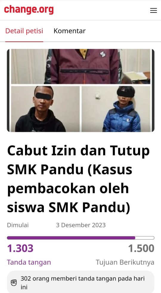 Tangkapan layar petisi penutupan dan pencabutan izin SMK Pandu = Rujukanmedia.com/ist